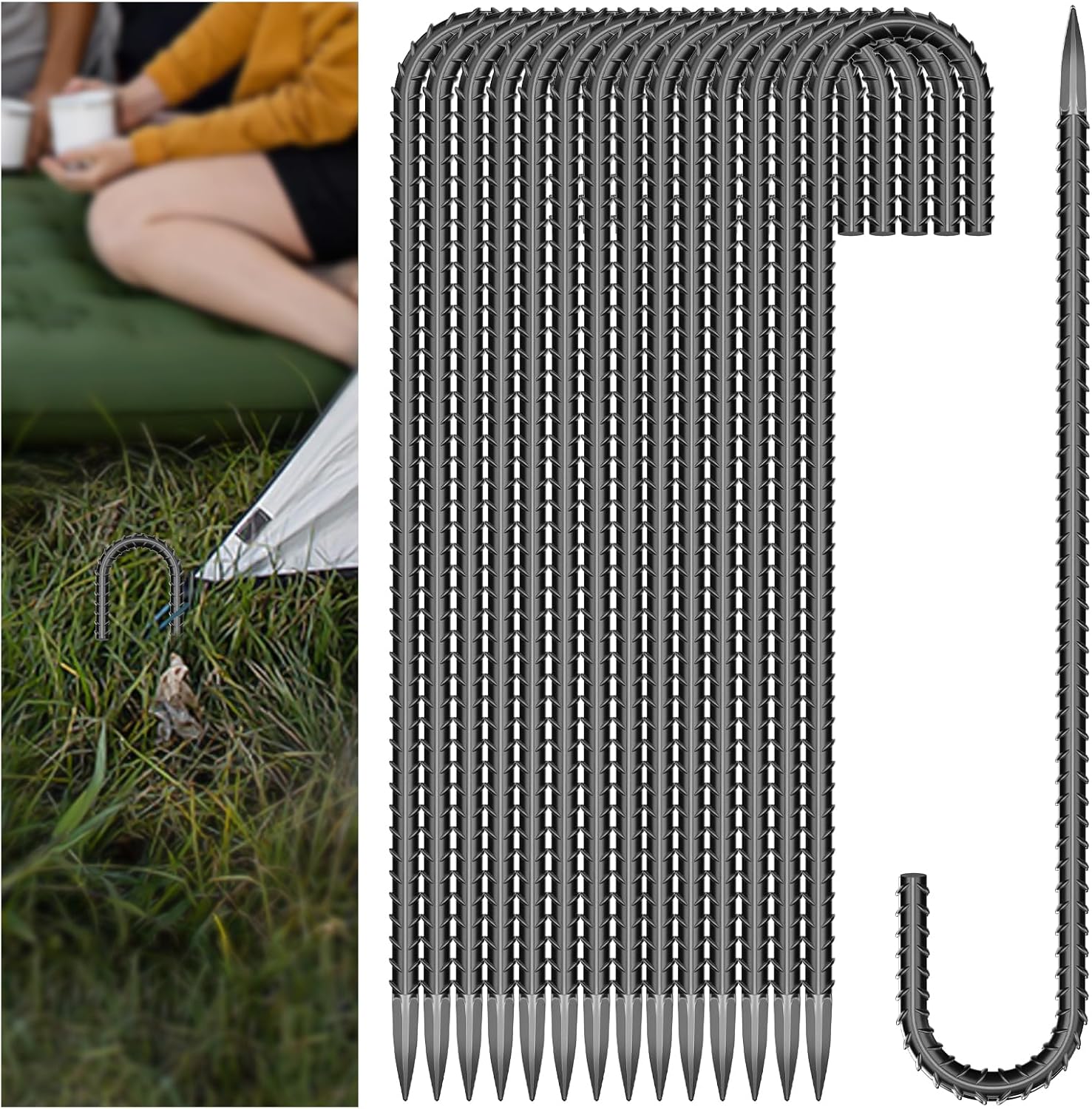 10 Pieces J Hooks Rebar Metal Tent Stakes 16 Inch Galvanized Ground Anchors Yard Stakes for Landscape Fabric Artificial Turf Heavy Duty Anti Rust for Outdoor Lawn Decorations Inflatables Swing Set