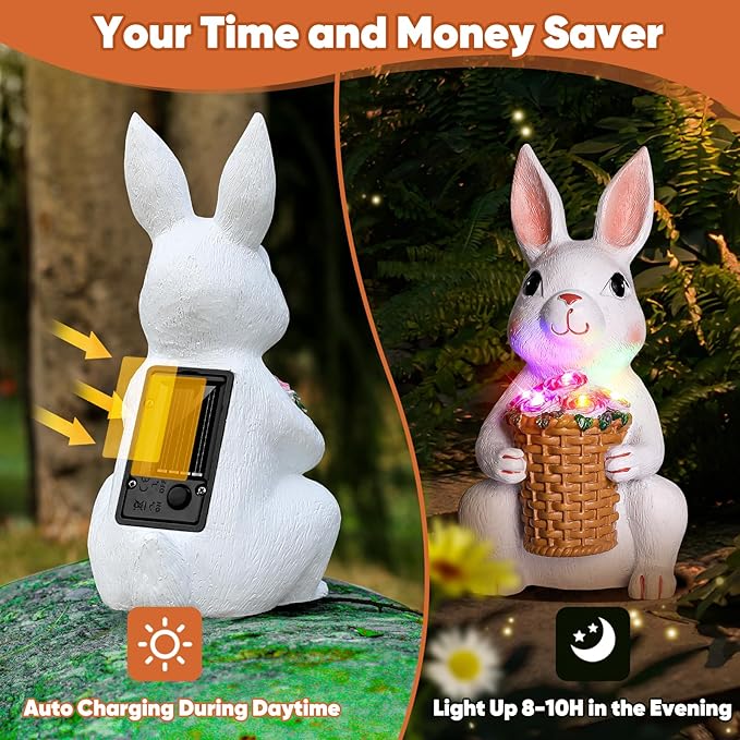 Brightever Solar Powered Garden Statues- Bunny Figurines for Spring & Easter Decor, Outdoor Rabbit Statue with Colorful LED Lights for Patio, Balcony, Lawn, Birthday Gifts for Women, Mom, Grandma