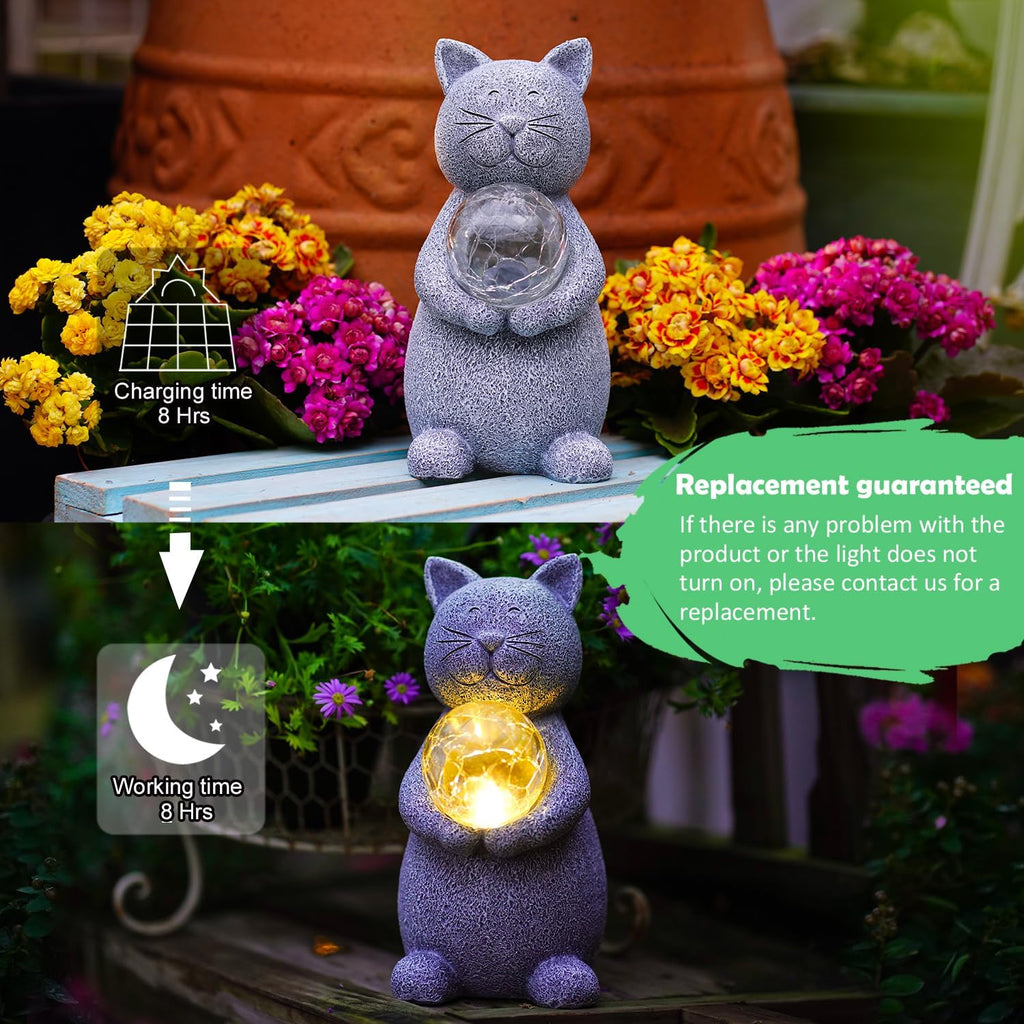Solar Cat Statue Garden Decor - Cat Lover Gifts, with Gazing Solar LED Lights Ball Cats Decoration for Garden Yard Patio Lawn Balcony - Gifts for Mom Grandma (Gray)