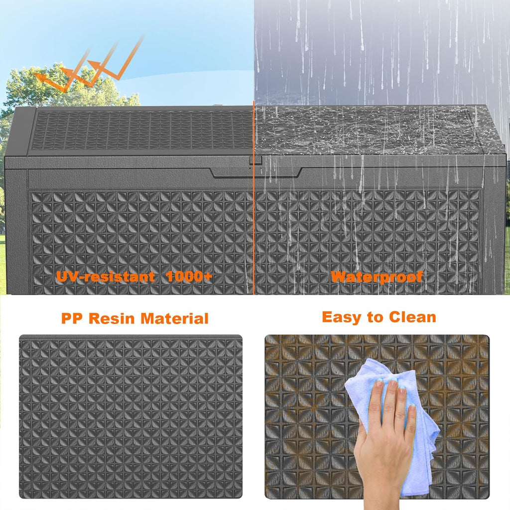 100 Gallon Waterproof Outdoor Storage Box,Resin Deck Box,Lockable Outside Storage Box Container for Patio Furniure,Garden,Pool Tools (100 Gallon,Black pattern)