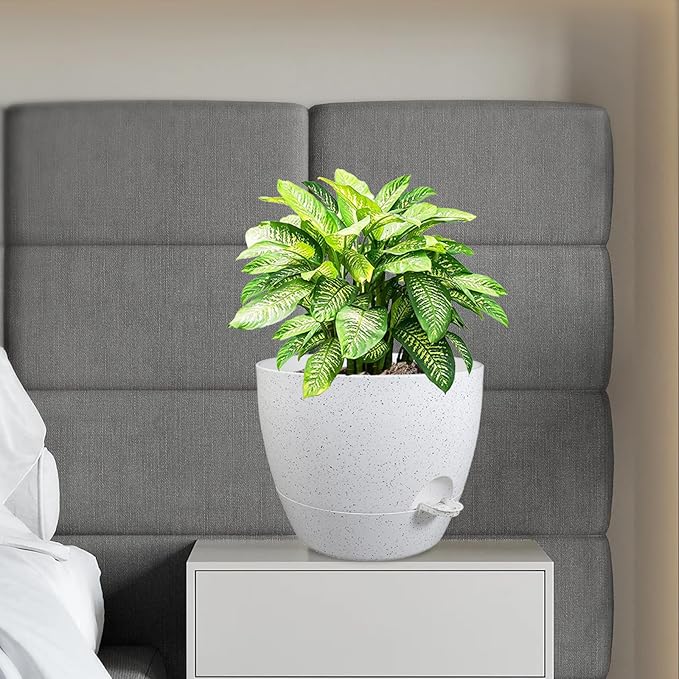 12 inch Large Self Watering Pots, Planter, Plant Pots with Multi Mesh Drainage Holes for Indoor Outdoor House Plants and Garden, Plastic Flower Pots with Deep Reservoir, Speckled White