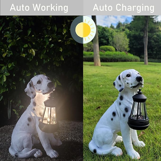 NASKY The Resin Handicraft Solar - Powered Hanging Lamp in The Shape of A Simulated Puppy of The Courtyard is Suitable for Places Such As Courtyards, Gardens and Balconies (Spotted Dog)