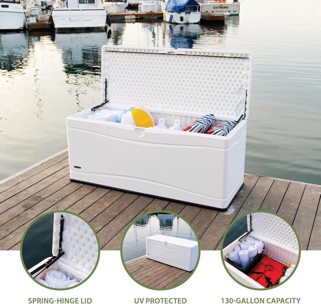 LIFETIME Outdoor Storage Deck Box, 130 Gallon, Arctic White, Lockable, UV-Protected, for Decks and Marine Docks