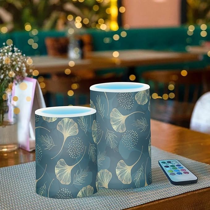 Flickering Flameless Candles, Golden Ginkgo Leaf LED Candles with Remote Timer, Set of 2 Battery Operated Candle for Valentine Wedding Birthday
