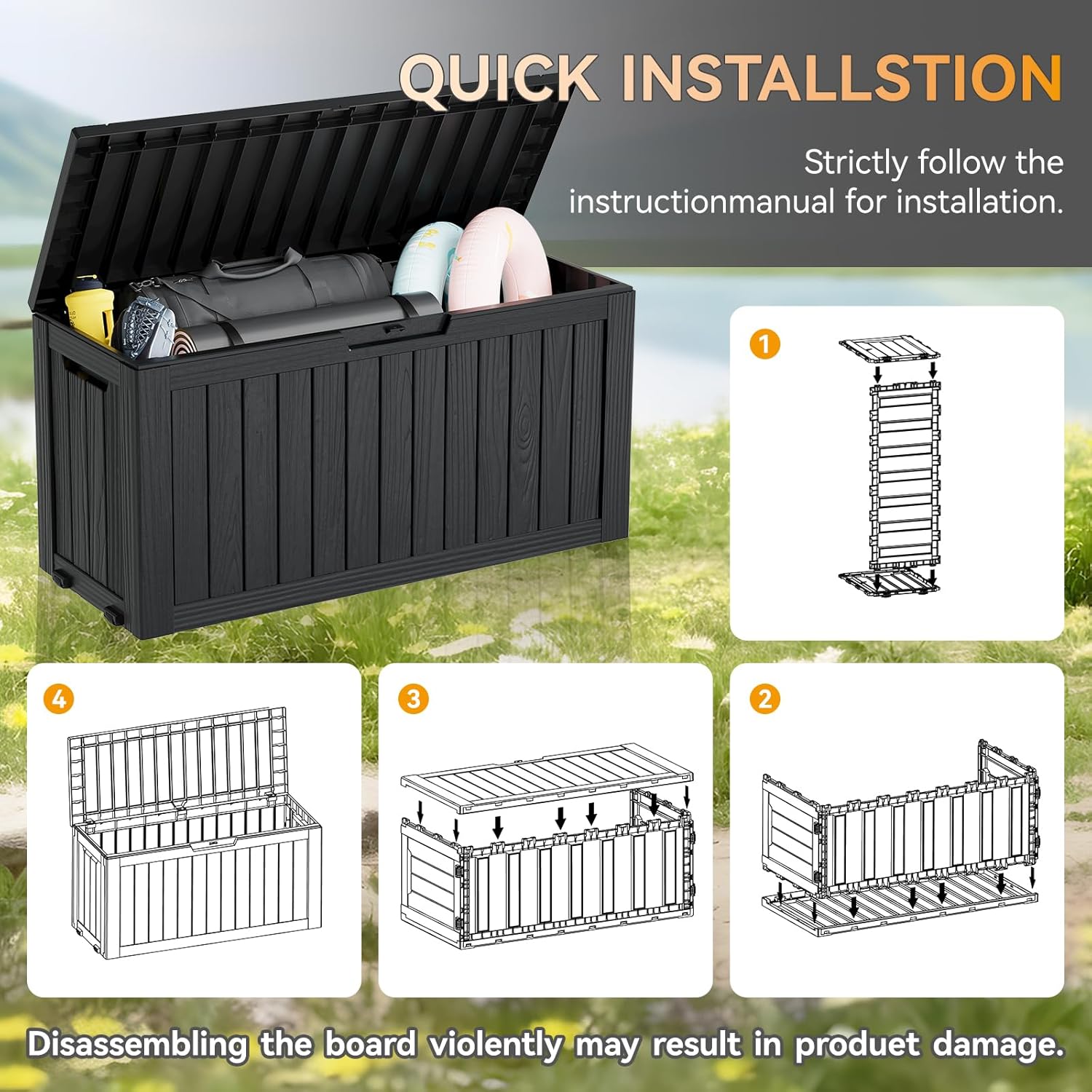 KAMABOKO Deck Box, 75 Gallon Resin Indoor and Outdoor Storage Boxes Waterproof for Garden Tools, Pool Accessories Storage Bench, Patio Furniture and Cushions with Lockable Lid, Black