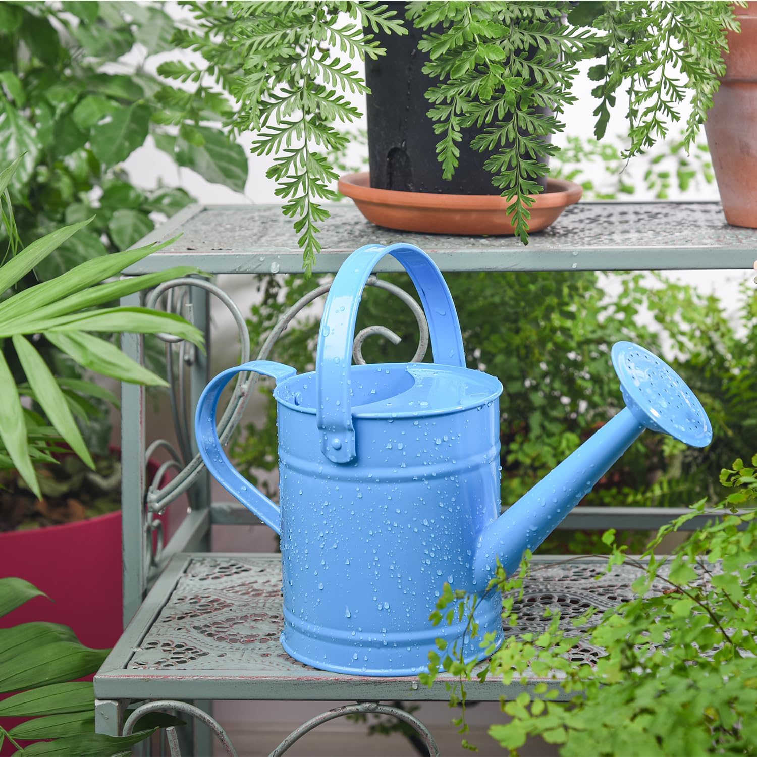 Sungmor 1.5 Liter Small Bright Blue Watering Can for Indoor Outdoor Plants, Cute Little Kids Gardening Watering Cans, Lightweight Portable Metal Watering Can, Anti-Rust Pretty Bucket Watering Device