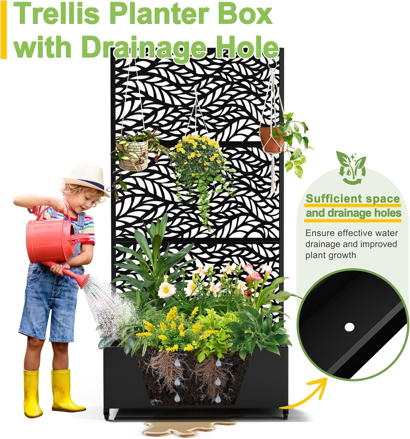 FENCY Metal Raised Garden Bed with Wheels and Trellis,73"x35"x16" Planter Box for Climbing Plants, Vegetables & Vines, Features Privacy Screen and Drainage Holes (Black-Leaf)