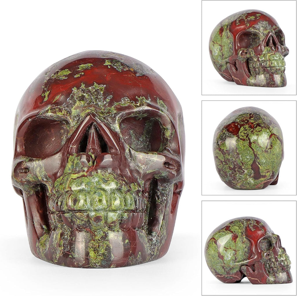 3.0" Dragon Blood Stone Crystal Skull Head Figurine Healing Stone Carved Sugar Skull Statue Sculpture Decor Day of The Dead Statue Ornaments Halloween Decoration