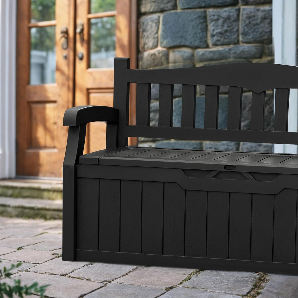 Devoko 80 Gallon Storage Bench Deck Box Lockable for Patio Furniture, Garden Decor and Outdoor Seating for Cushions, Garden Tools and Pool Supplies (Black)