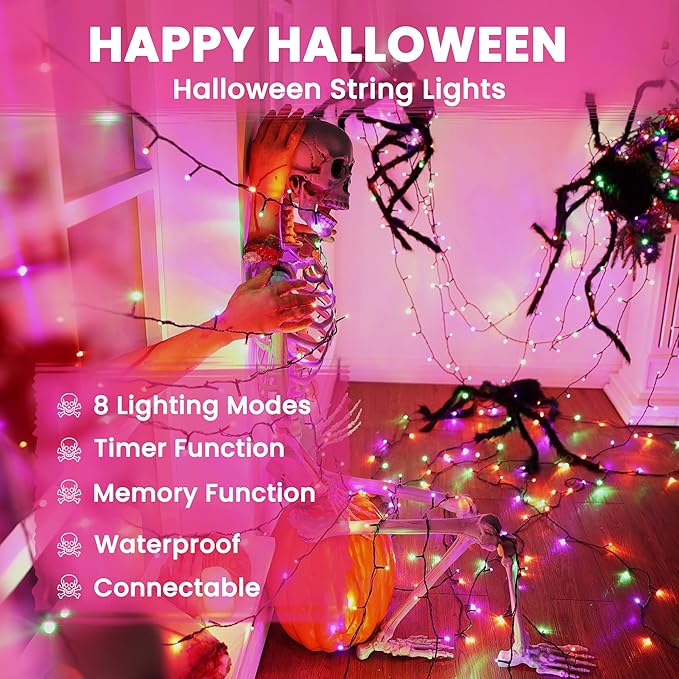 114ft 300 LED String Lights - Waterproof, 8 Modes, Orange, Green, Purple - Halloween Party, Garden, Indoor/Outdoor Decor