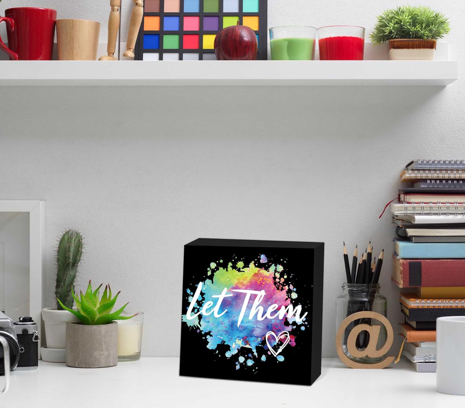 Let Them Wooden Sign, Desk Decorations For Women Office, 5x5 Inch Colorful Splash Funny Office Decor Black Wood Box Sign, Desk Shelf Cubicle Accessories, Appreciation Gifts for Coworkers Boss, 02