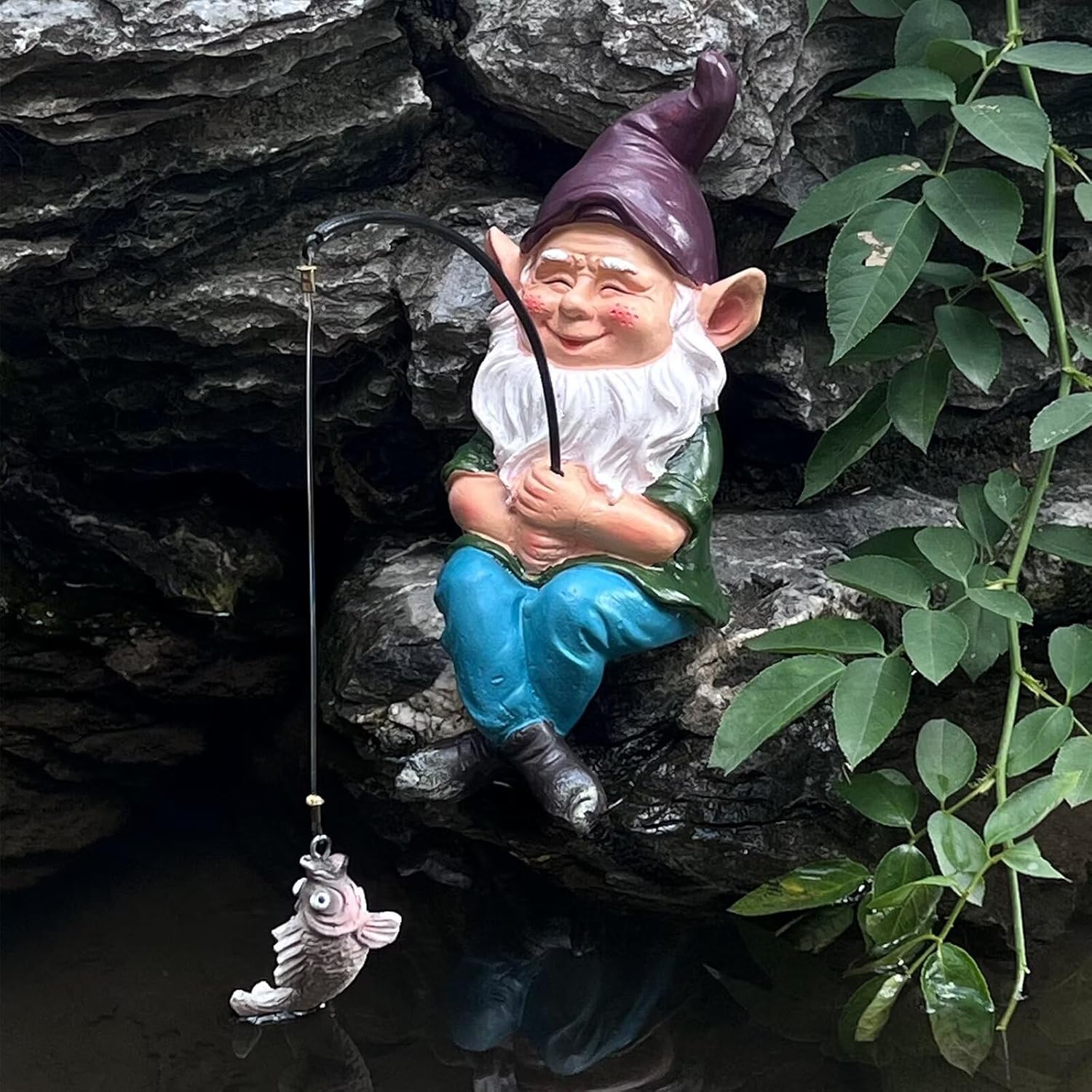 Gnomes Decoration for Yard Outdoor Garden Decor 9.7 Inch Tall Fishing Gnome Statue for Koi Pond, Waterfalls or Poolside Ornaments, Fisher Guy Outdoor Statues, Gift for Mom & Women