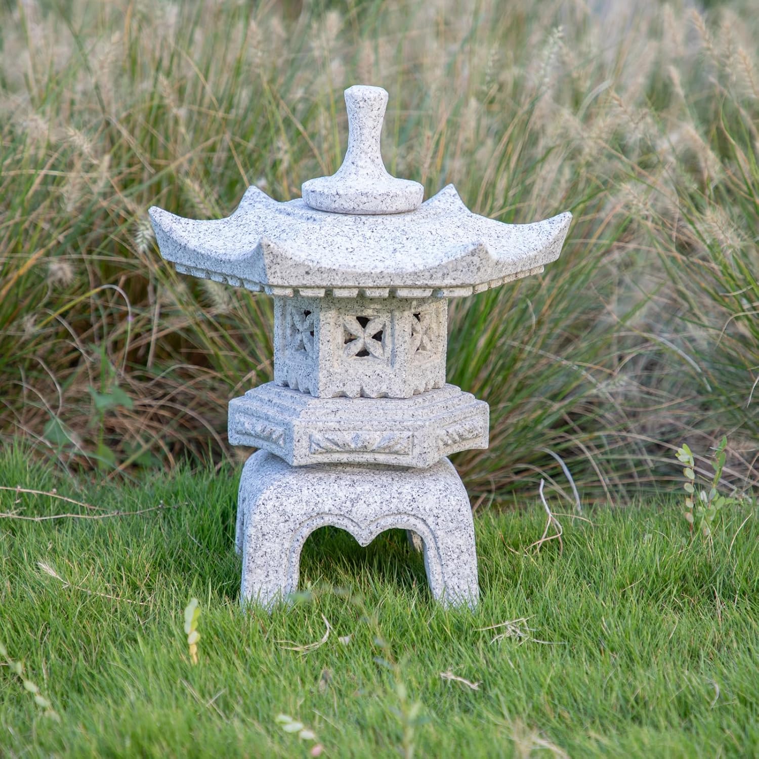 Generic Five Pieces Stone Japanese Lantern, Light Gray, Water Resistant, Granite, 16 inches H x 12.2 inches W x 12.2 inches D, Garden Decoration, Outdoor Lantern