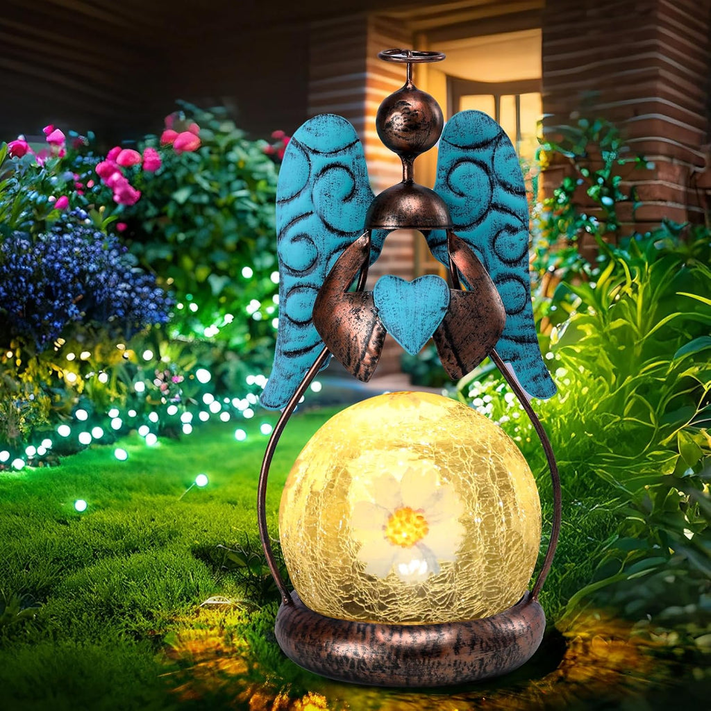 MUMTOP Angel Solar Lights Outdoor Garden - Solar Lanterns Light Decorative Waterproof with Glass Cracked Globe Tabletop Lantern Lamp Ornaments for Yard Patio Decor Gift (Hold Heart)