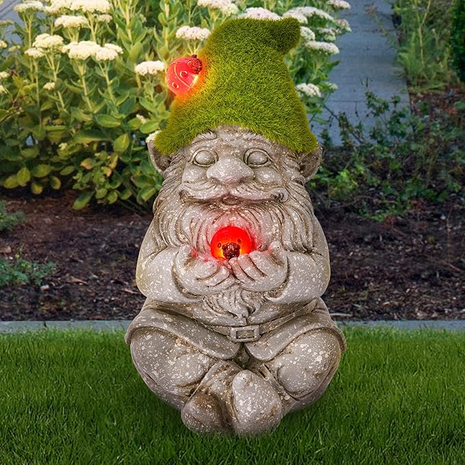 Solar Gnomes Garden Statues, Outdoor Lighted Gnome with Ladybugs Garden Decor Waterproof Figurines for Patio Porch Balcony Yard Lawn Lantern, Yard Art Decorations Gifts for Garden Patio Lawn