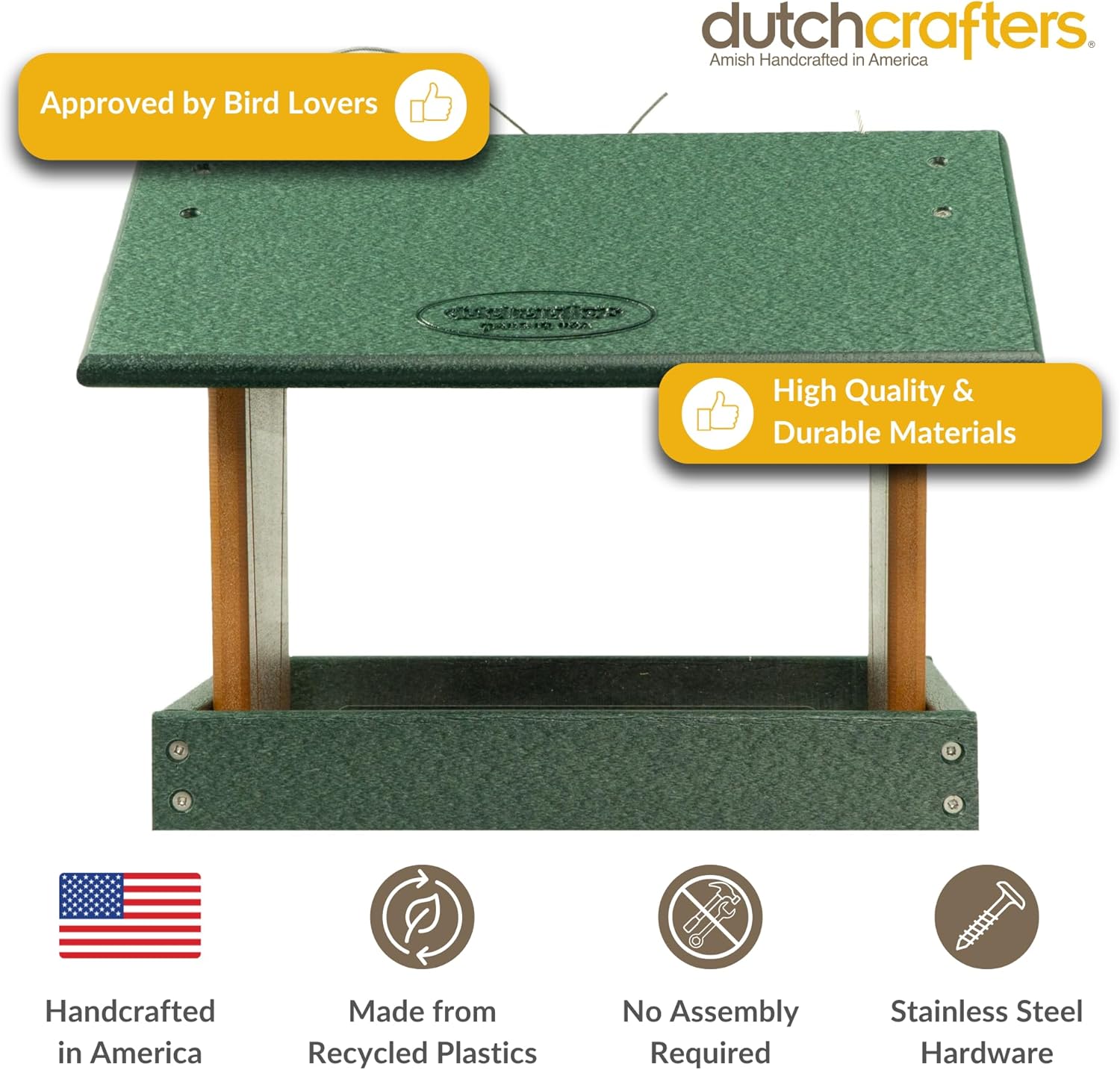 Poly Hanging Hopper Bird Feeder, Large Hanging Bird Feeder for Outside, Outdoors - Amish American Made (Turf Green & Cedar)