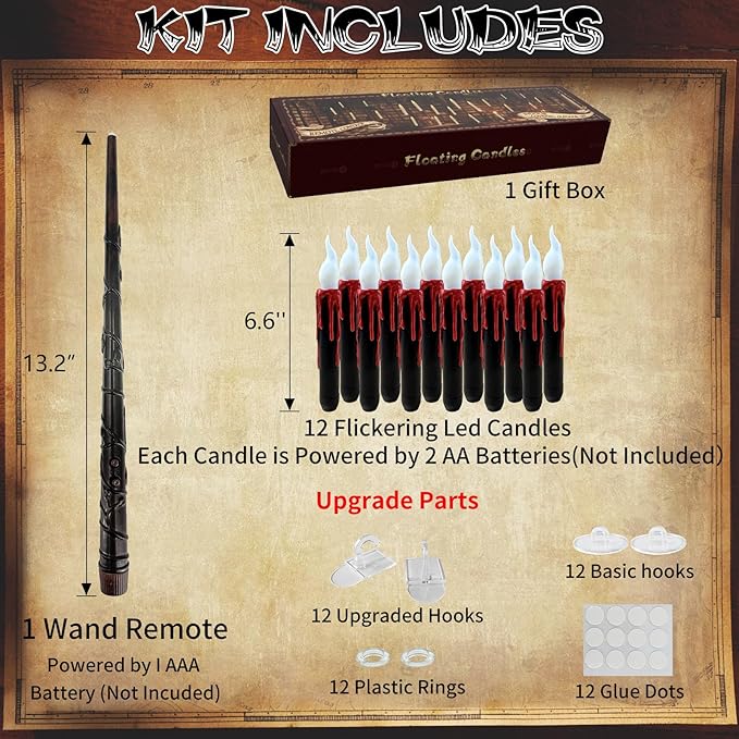 12pcs Floating Candles with Wand, Magic Hanging Candles, Flameless Candles with Magic Wand Remote, Battery Operated Hanging Window Candle, 6.1" LED Electric Candles for Christmas Halloween Decorations