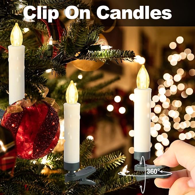 LED Christmas Candles, Flickering Clip on Candles for Christmas Tree, Battery Operated with Remote Timer, Warm White Light, Flameless Taper Candles for Home Christmas Decor, Set of 20