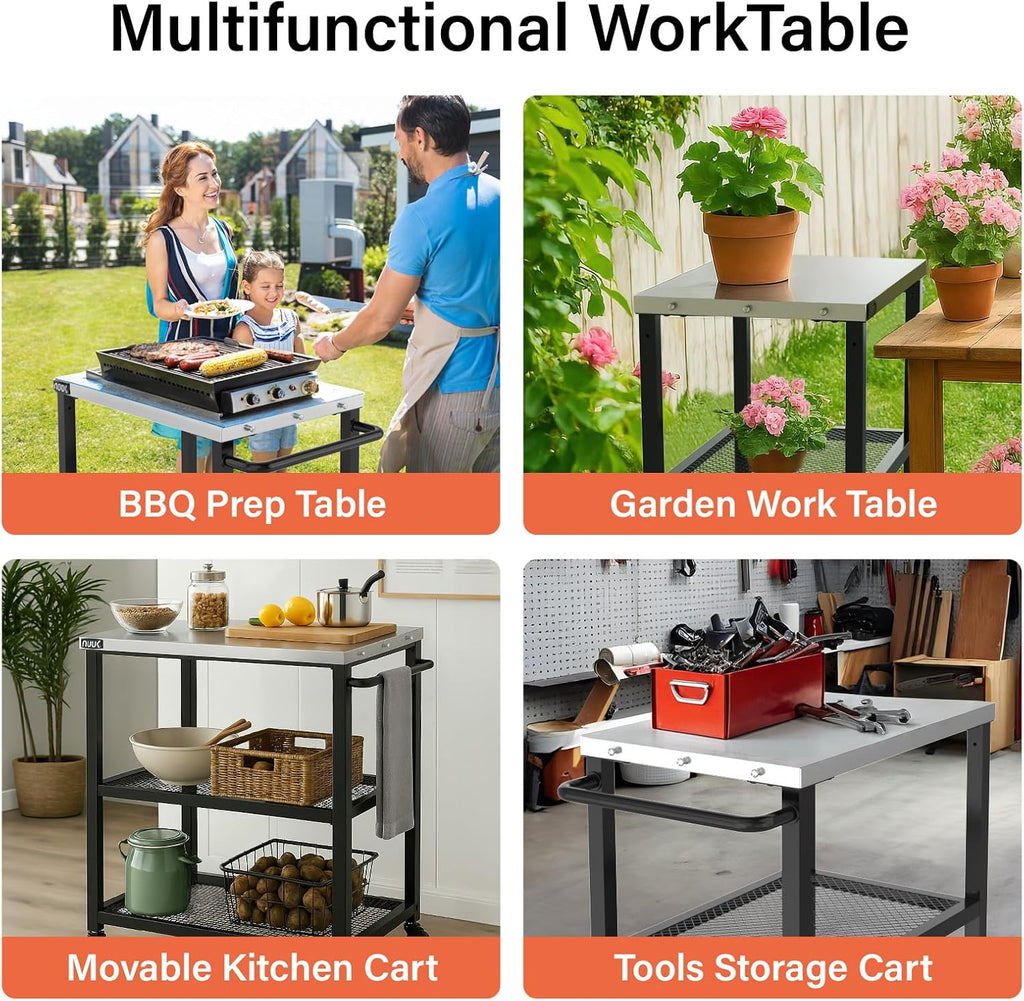 NUUK 3-Shelf Grill Cart 16" x 24" Outdoor BBQ Table with Stainless Steel Top Rolling Pizza Oven Carts for Outside Dining Tables