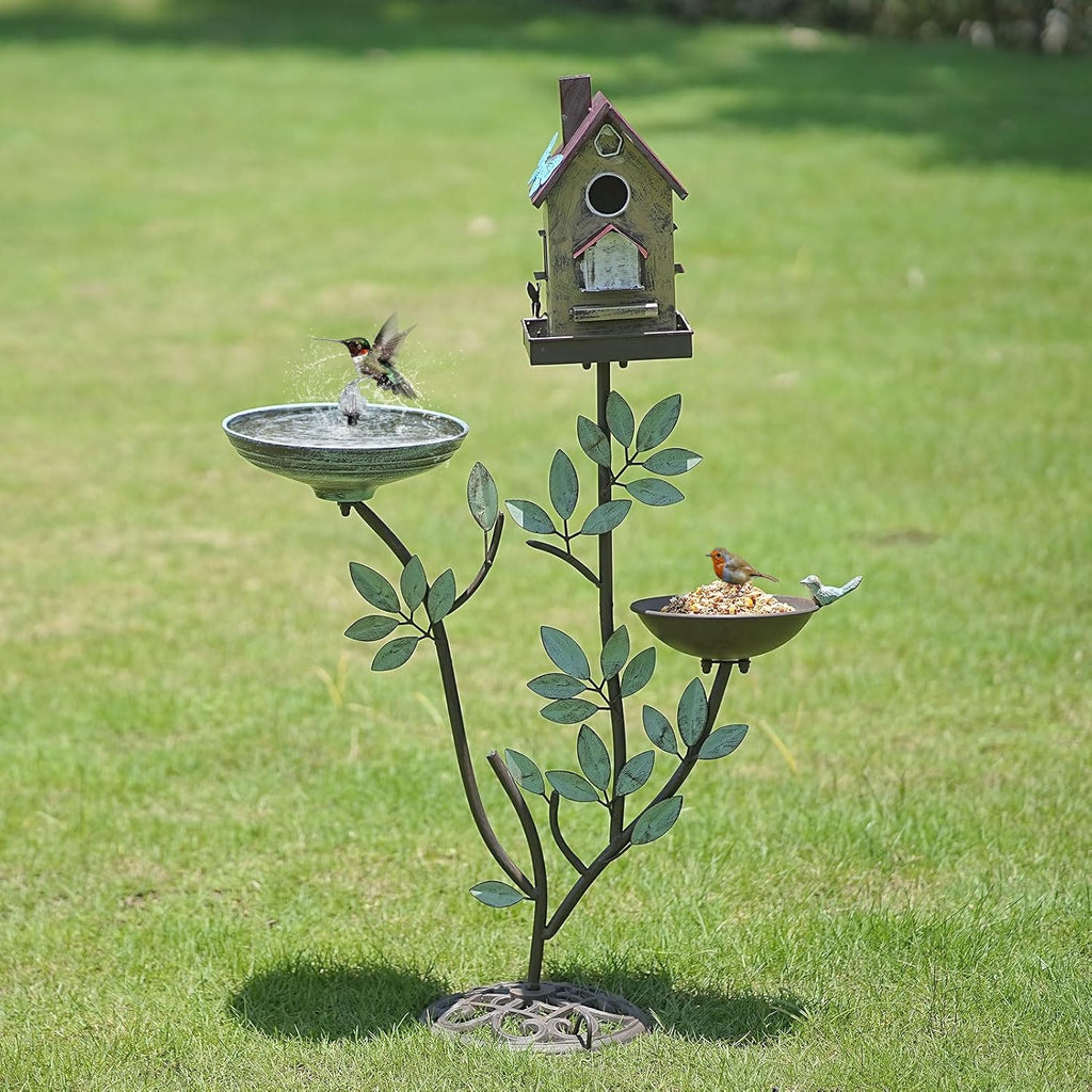 38" H Cast Iron Pedestal Bird Baths for Outdoors,3 in 1 Metal Bird Bath Bowl with Bird Houses and Bird Feeder,Garden Yard Decor