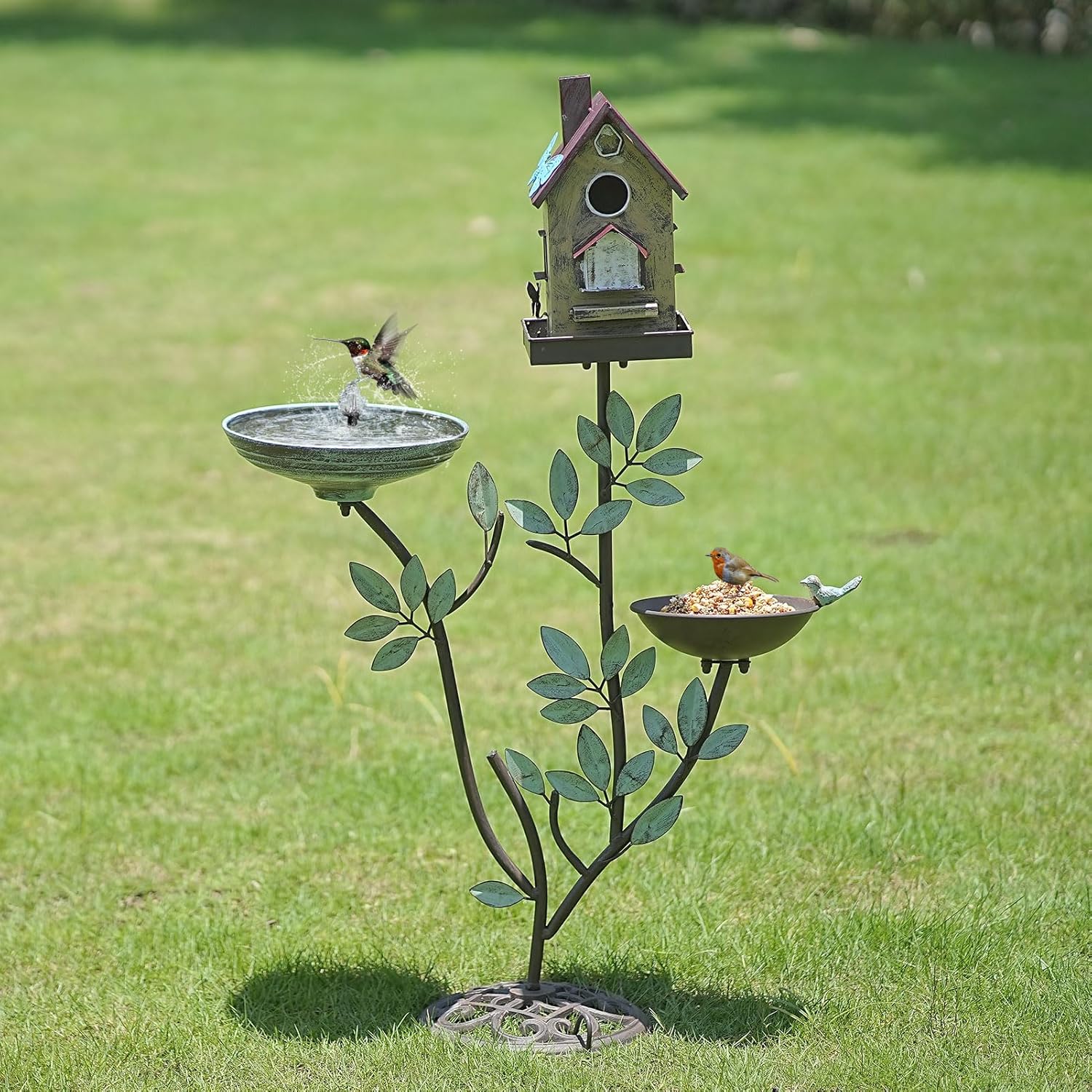 38" H Cast Iron Pedestal Bird Baths for Outdoors,3 in 1 Metal Bird Bath Bowl with Bird Houses and Bird Feeder,Garden Yard Decor