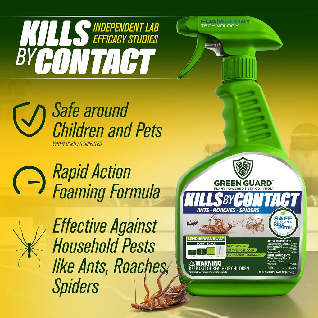 Green Guard Pest Control Spray - Indoor & Outdoor Killer of Ants, Roaches, Spiders & Other Crawling Insects, Safe Around Children & Pets, Plant-Based, Pleasant Scent (Lemongrass Blast, 16oz)