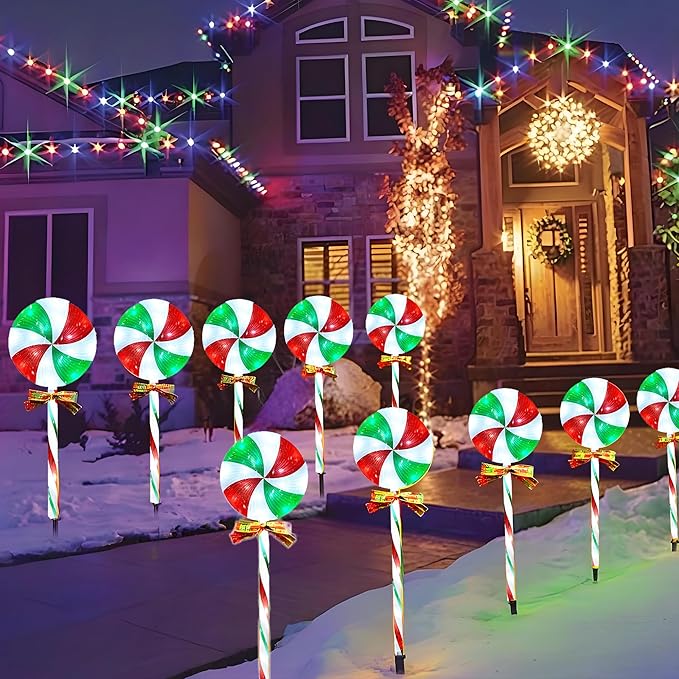 10 Packs Christmas Pathway Lollipop Lights with Bow Tie Solar Powered Outdoor Waterproof Xmas Candy Cane Path Landscape Decorative Stake Lights 2 Solar Panel + 10 Lights