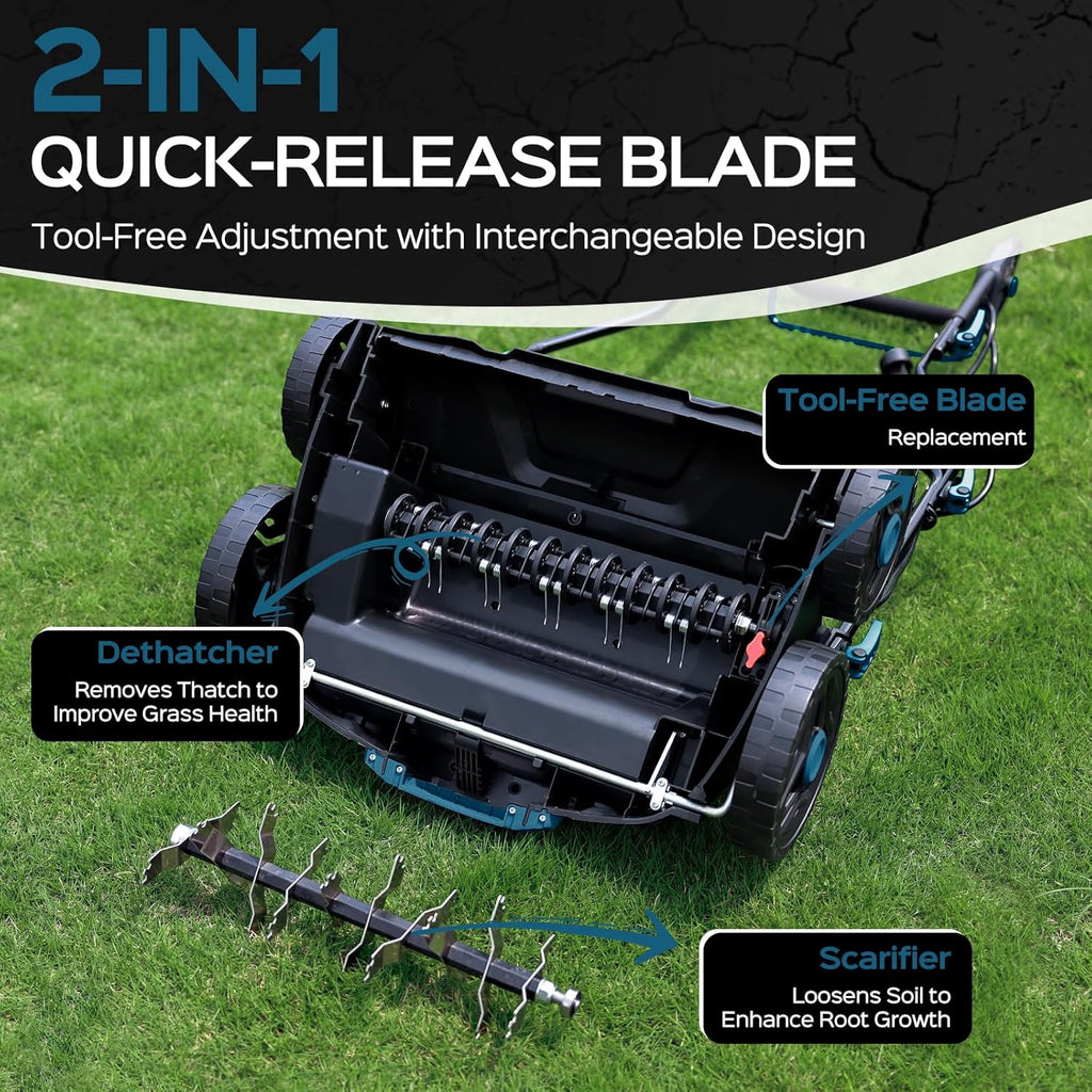 2025 Upgrade 16-Inch 15.5 Amp 2-in-1 Electric Dethatcher and Scarifier with 14.5-Gallon Collection Bag, Lawn Dethatcher with 5-Position Depth Adjustment, Keeps Lawn Healthy - Steel Blue