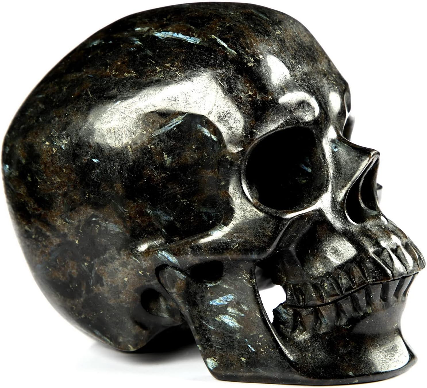 Skullis 5.0" Russian Arfvedsonite Hand Carved Crystal Skull, Super Realistic, Crystal Healing, Hand Carved Gemstone Fine Art Sculpture, Reiki Healing Stone Statue. z8