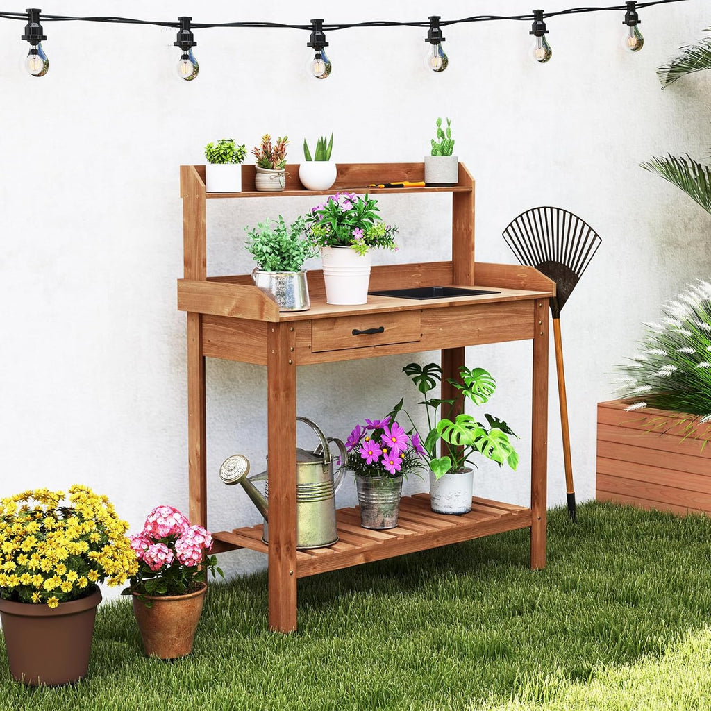 HAPPYGRILL Potting Bench Table, Wooden Work Bench with Removable Sink, Wood Garden Table with Storage Shelves, Drawer, Potting Benches for Outside, Patio Lawn Greenhouse