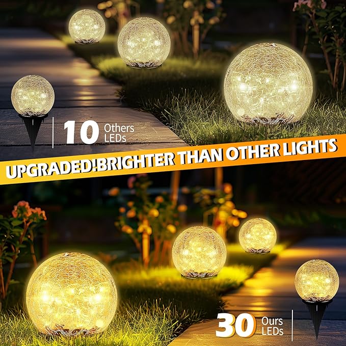 Garden Solar Ball Lights Outdoor Waterproof, 30 LED Cracked Glass Globe Solar Power Ground Lights for Path Yard Patio Lawn, Christmas Decoration Landscape Warm White(2 Pack 3.9'')