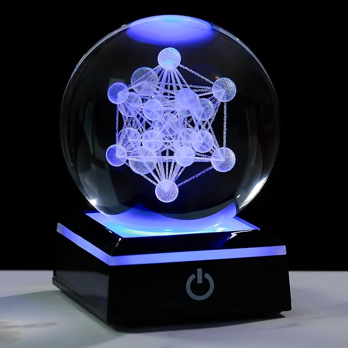 Qianwei 3D Metatron's Cube Crystal Ball with LED Colorful Lighting Touch Base - Flower of Life Night Light - Grid Sacred Geometry Sphere for Meditation Decor Spiritual Decor