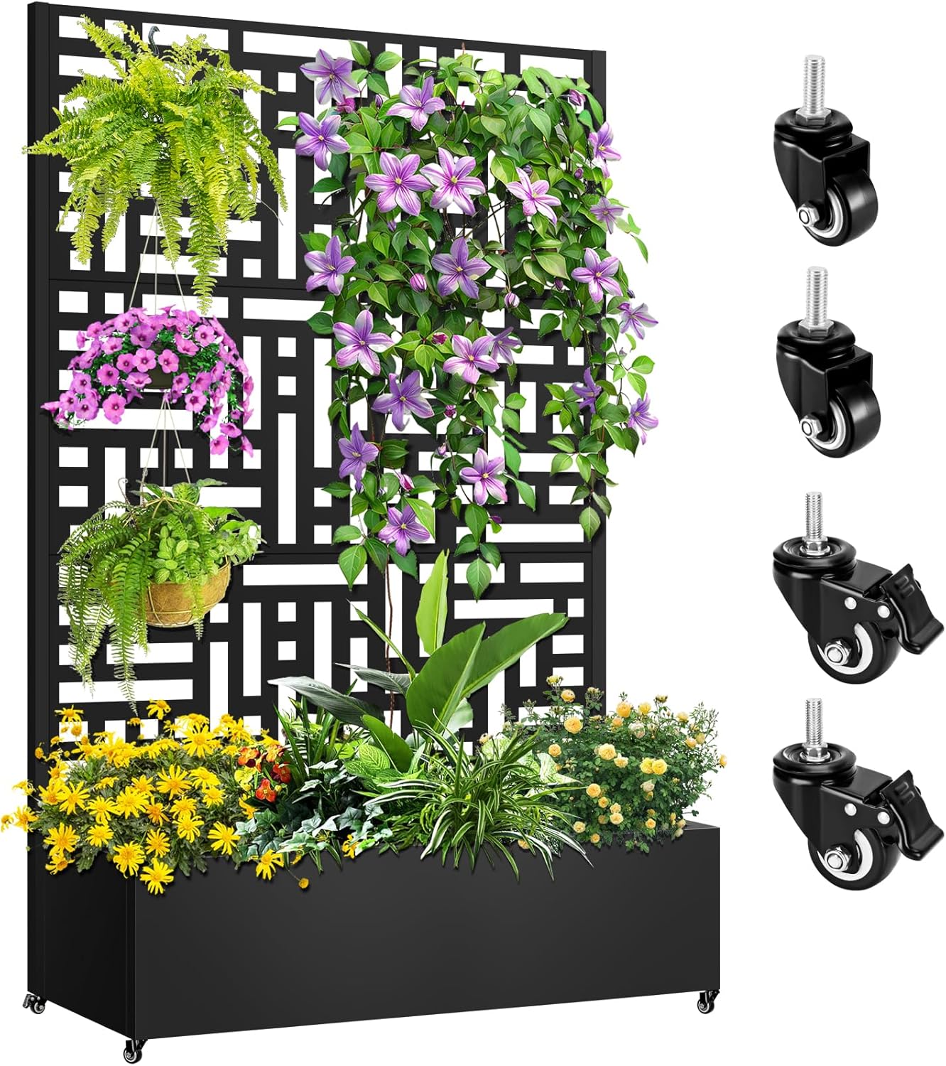 Metal Planter Box with Trellis, 72"x47"x16" Metal Raised Garden Bed with Trellis, Trellis Planter Box with Drainage Holes & Lockable Casters for Climbing Plants, Vegetables, and Vines