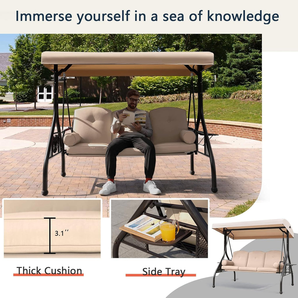 NOBLEMOOD Patio Porch Swing, 3-Seat Outdoor Swing with Adjustable Canopy, Waterproof Fabric Cushion, Pillow and Foldable Side Tray for Patio, Backyard, Porch Swing Bed for Spring