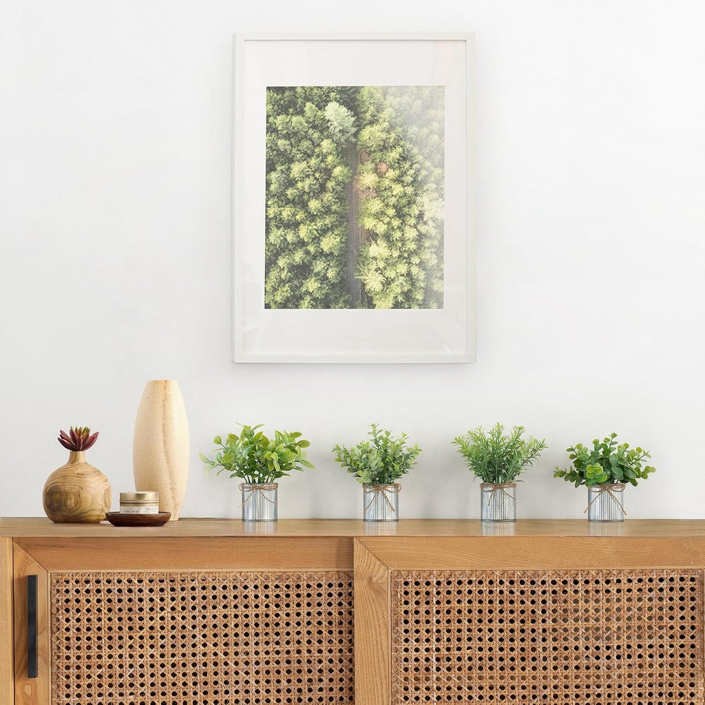 Mkono 4 Packs Small Fake Plants in Farmhouse Galvanized Pots Table Centerpiece Mini Potted Artificial Plants Faux Eucalyptus for Shelf Office Rustic Home Decor