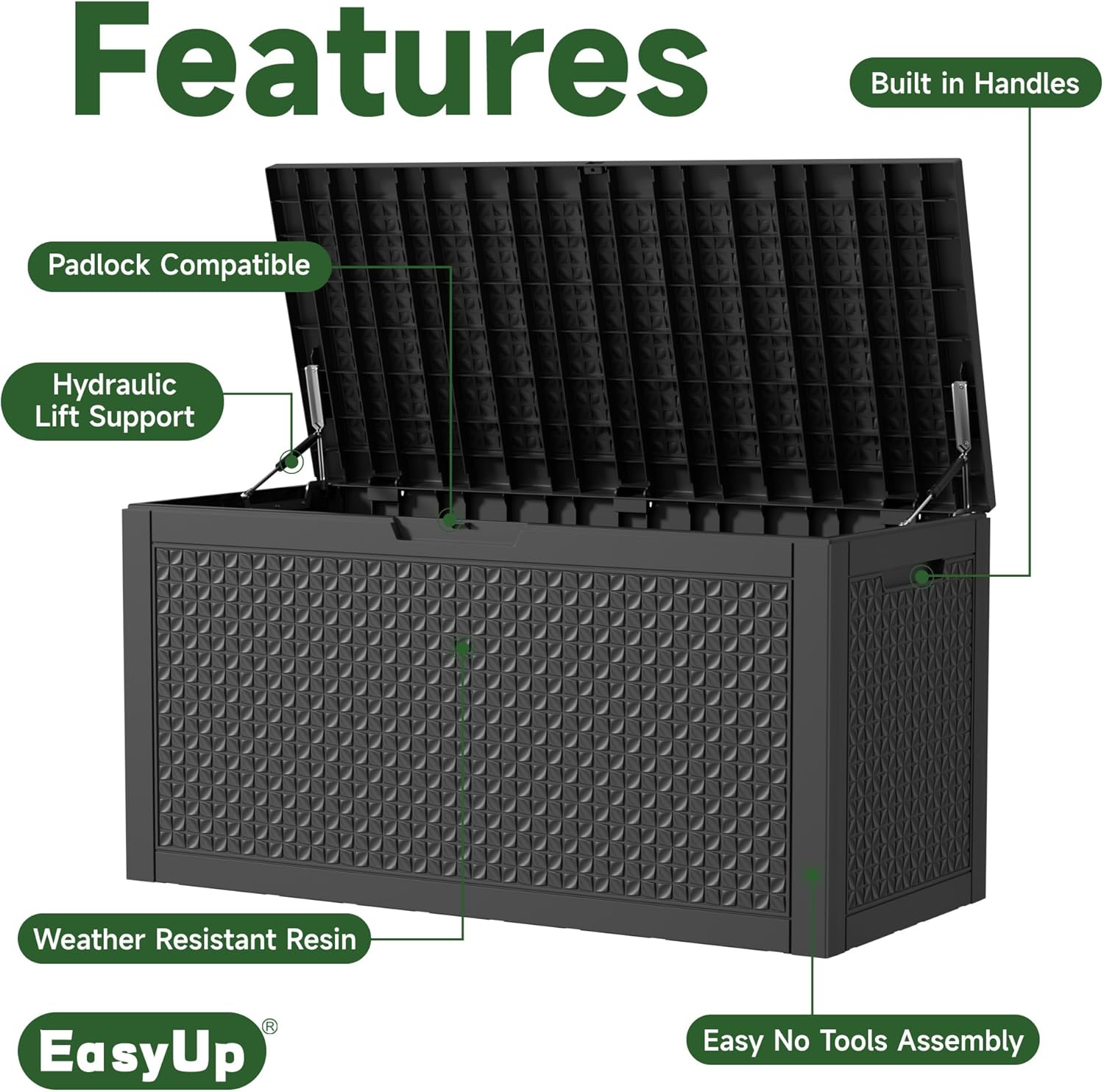 100 Gallon Outdoor Storage Box Waterproof, UV Resistant Resin Deck Box with Hydraulic Rod, Reinforced Stability for Patio, Garden, Quad Leaf Black
