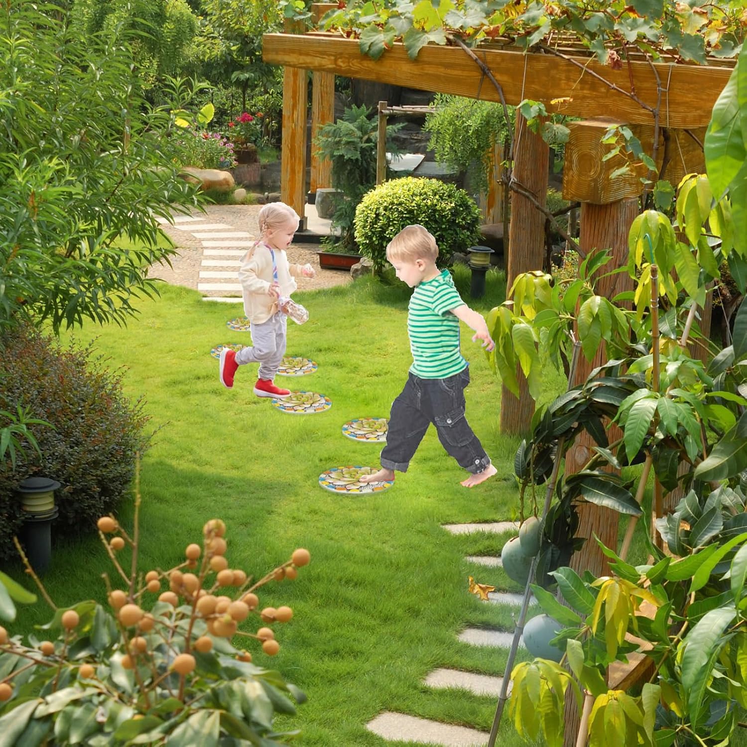 Succulent Pattern Cement Stepping Stones - Outdoor Pavers for Walkway, Multicolored Decorative Stone for Garden, 0.75 x 10 x 10 Inch