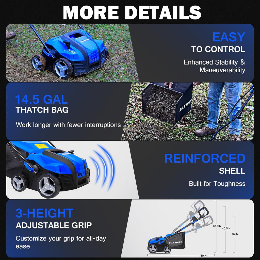 BILT HARD 16 Inch Dethatcher Scarifier Electric Powered, 15 Amp Copper Motor, 5-Position Depth Adjustment, 14.5 gal Thatch Bag, 2 in 1 Walk Behind Thatch Removing Machine for Lawn