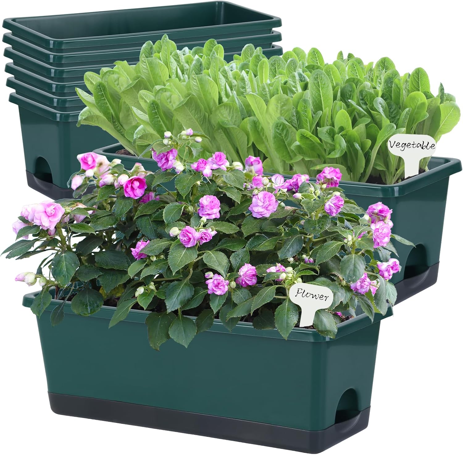 Window Box Planter 8 Pcs, 17 Inches Rectangle Flower Pots with Drainage Holes and Trays, Vegetable Planters for Windowsill Patio Garden Balcony Home Porch Yard Indoor Outdoor (Dark Green)