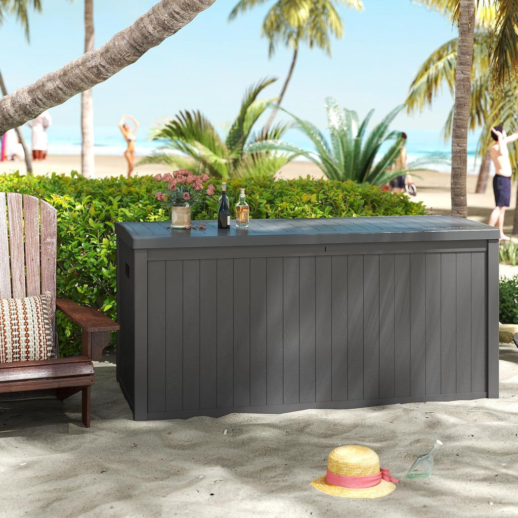 120 Gallon Resin Deck Box, Weatherproof Outdoor Storage Box for Patio, Garden, Pool, and Yard, Lockable Waterproof Bin for Tools, Cushions, and Accessories, Grey