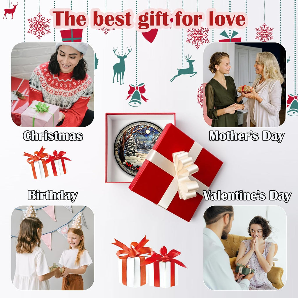 Stained Glass Window Hanging Christmas Tree Winter Snow Night Scenery Large 14.9" - Suncatcher Door Garden Kitchen Sun Catcher Home Decor Birthday for Mom Men Woman Friend