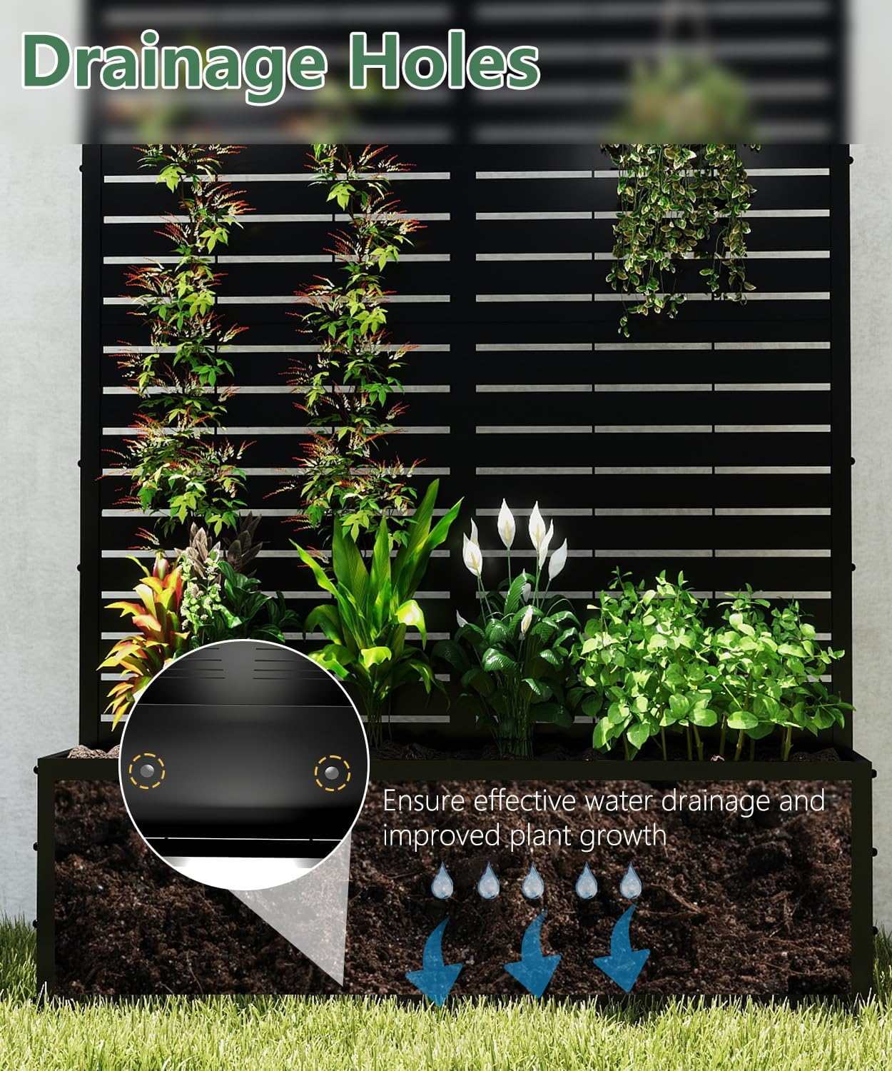 Metal Planter Box with Trellis,70.9"x47.2"x15.7" Raised Garden Bed with Drainage Holes, Privacy Planters for Outdoor Garden Bed for Climbing Plants,Vegetables,and Vines, Black-louvered