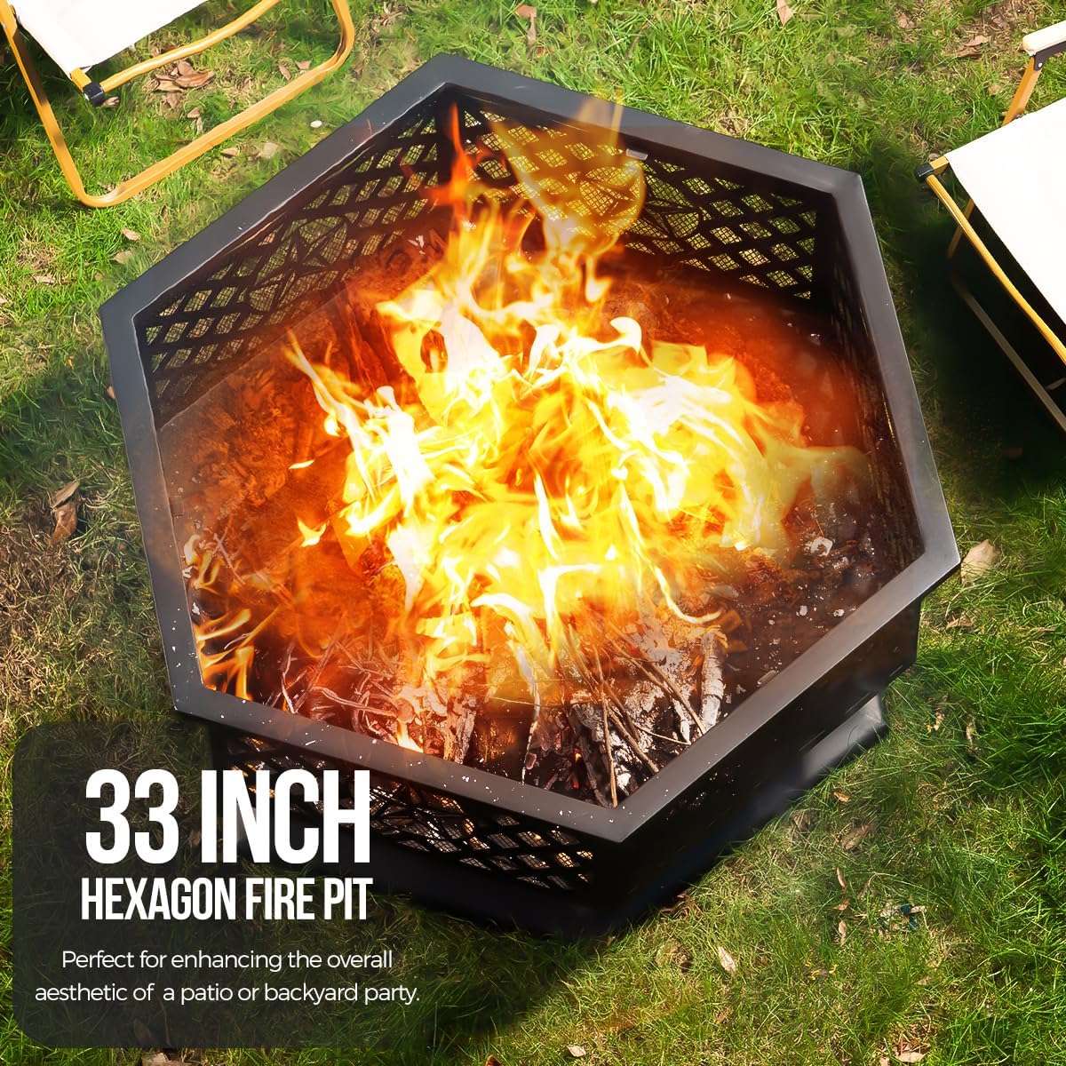 33 Inch Outdoor Fire Pit, Hexagon Shaped Wood Burning Fire pits for Outside, Metal Firepit with Fire Poker&Mesh Cover for Bonfire, Patio, Yard, Garden,Beach and Camping (33'' Black)