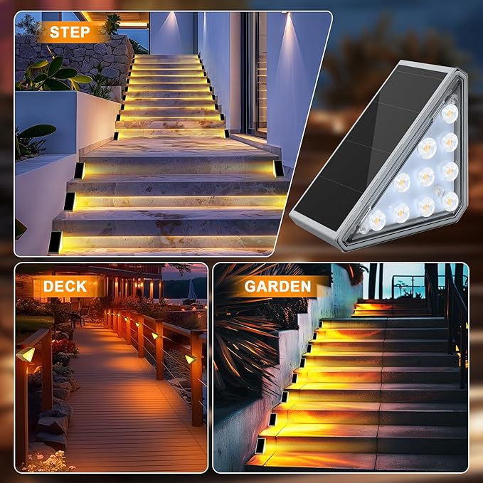 12 Pack Solar Stair Lights Outdoor Stair Lights with Waterproof IP67 LED Solar Light for Outside Light Decor for Stair, Deck, Front Step, Front Porch, Patio, Garden and Backyard