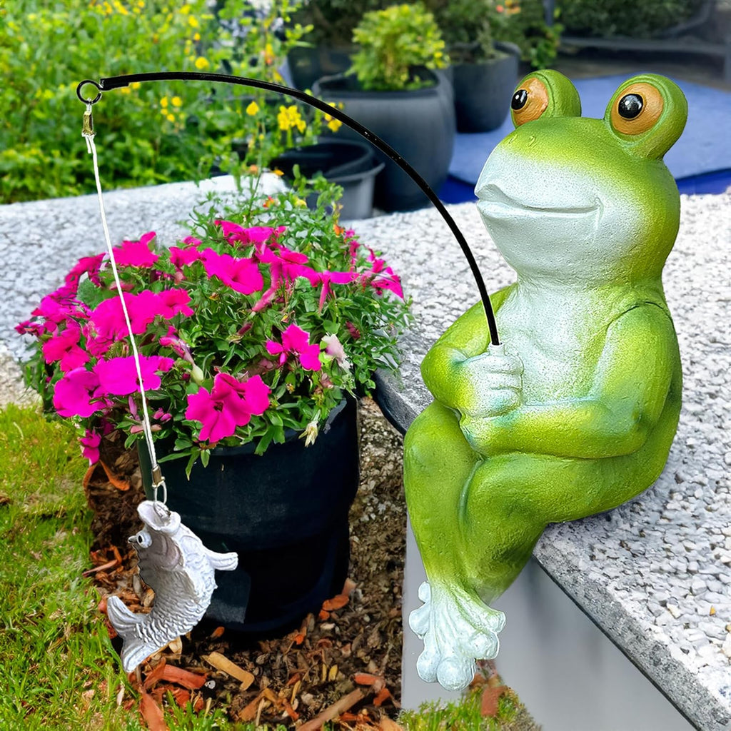 9.5" Fishing Frog Statue, Whimsical Lawn Yard Art, Funny Garden Pond Fisherman Sculpture, Resin Animal Decorative Figurine, Ideal for Frog Lovers