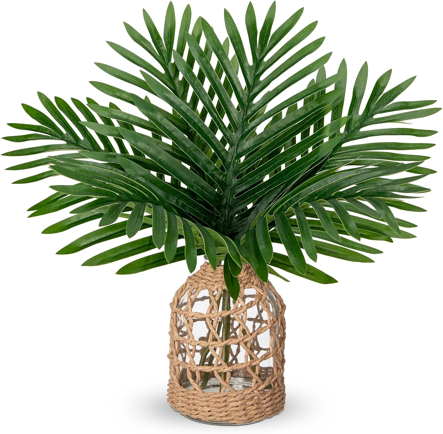 Fake Plants 14.2" Faux Palm Plant in Glass Vase, Realistic Tropical Fake Palm House Plants Artificial Palm Leaves Greenery Stems for Home Bathroom Office Farmhouse Balcony Shelf Centerpiece Décor