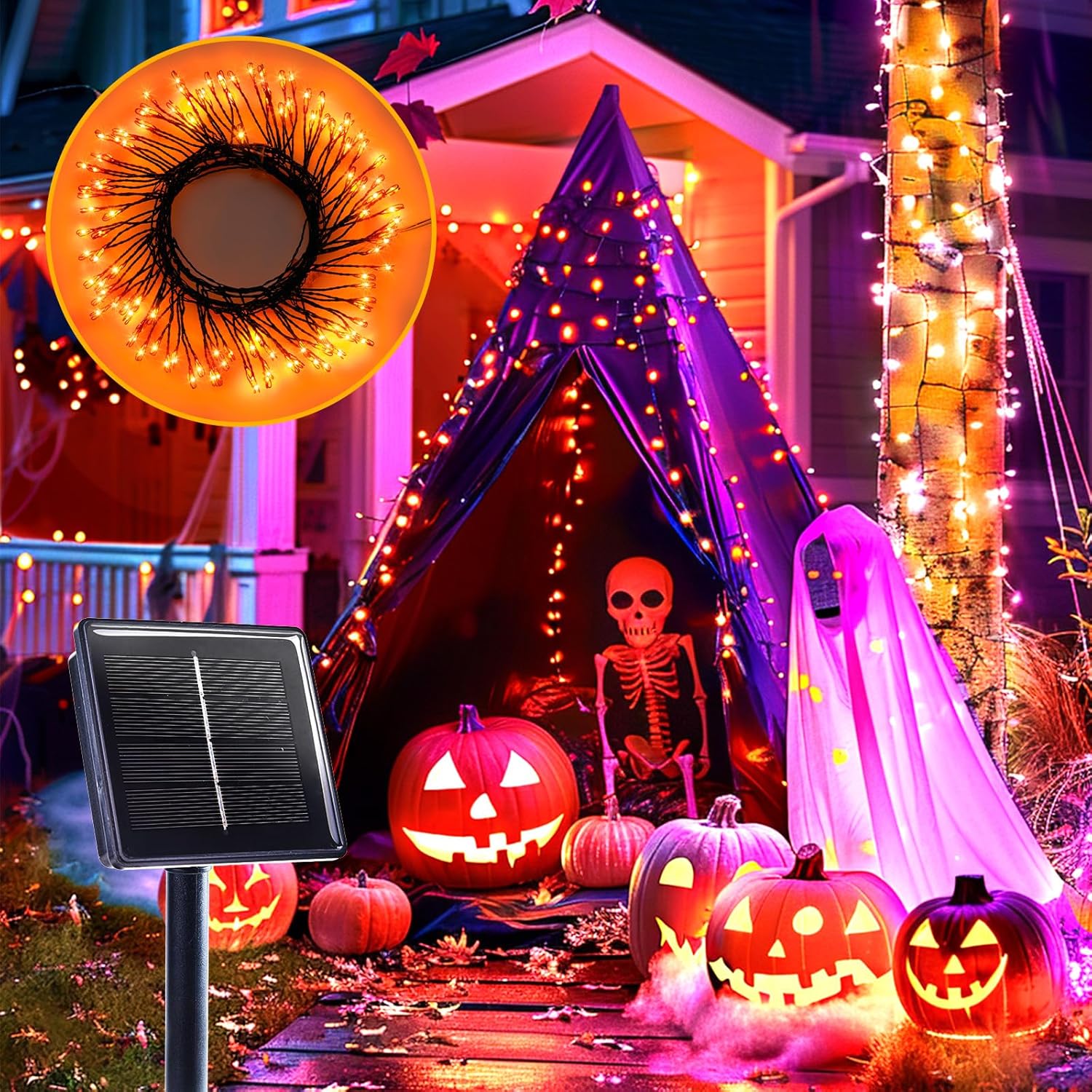 Brightown Orange Lights, 19.6Ft 240 LED Solar Fairy Lights, Halloween Lights Outdoor with 8 Modes, Waterproof Twinkle Fall Light for Patio Yard Trees Party, Black Wire