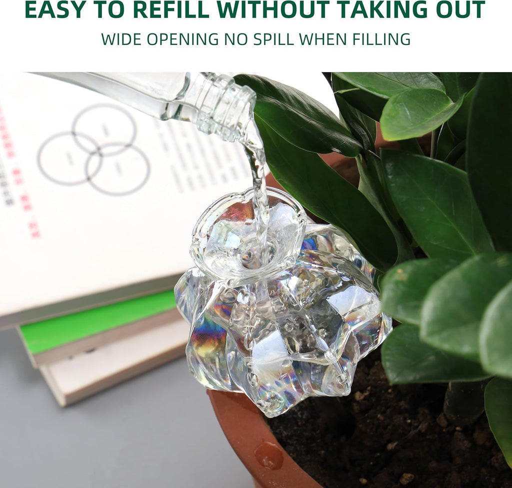 10 oz Large Top Fill Cactus Plant Watering Globes, Light Iridescent Glass Water Bulbs, Slow Release Self Watering Devices, Vacation Plant Watering System Self Watering Planter Insert, 4 Pack