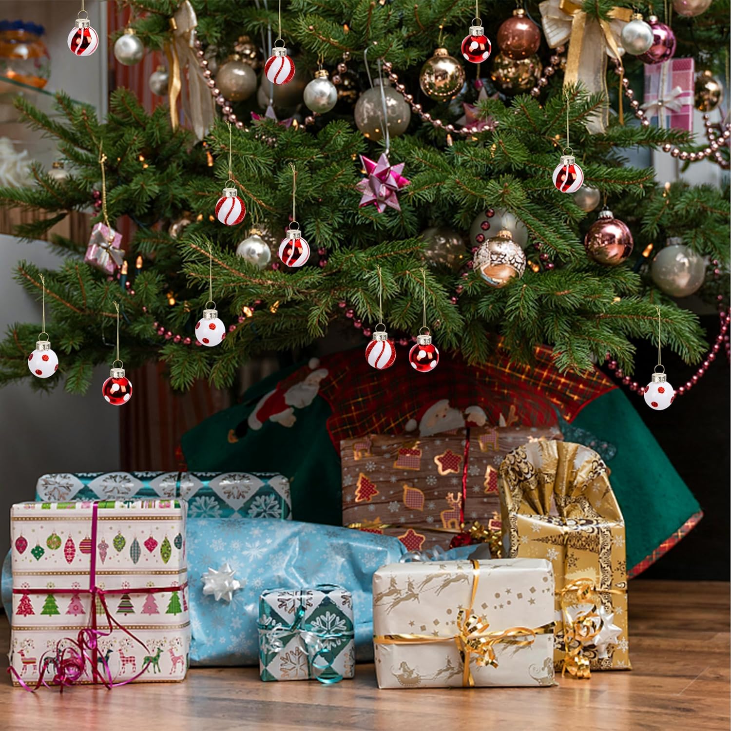 Watayo 24 Pcs Christmas Candy Balls Glass Ornaments, 1" Mini Glass Candy Balls Hanging Ornament, Sweet Red White Candies Ball Ornaments for Christmas Tree Holiday Party Decoration