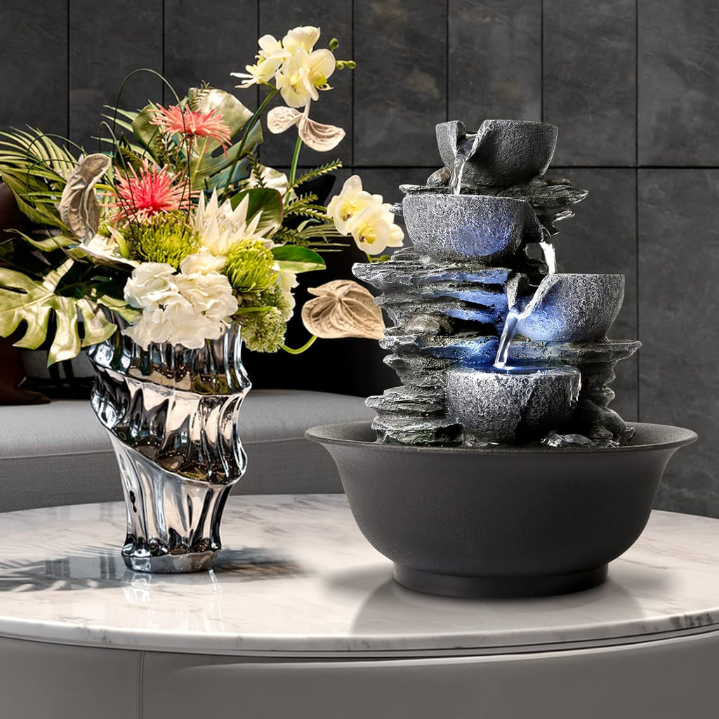 WICHEMI Indoor Water Fountain Tabletop Fountains Waterfall Fountain Indoor Water Feature Feng Shui Zen Meditation Cascading Desktop Fountains with LED Light for Home Office Indoor Decor (Style 15)